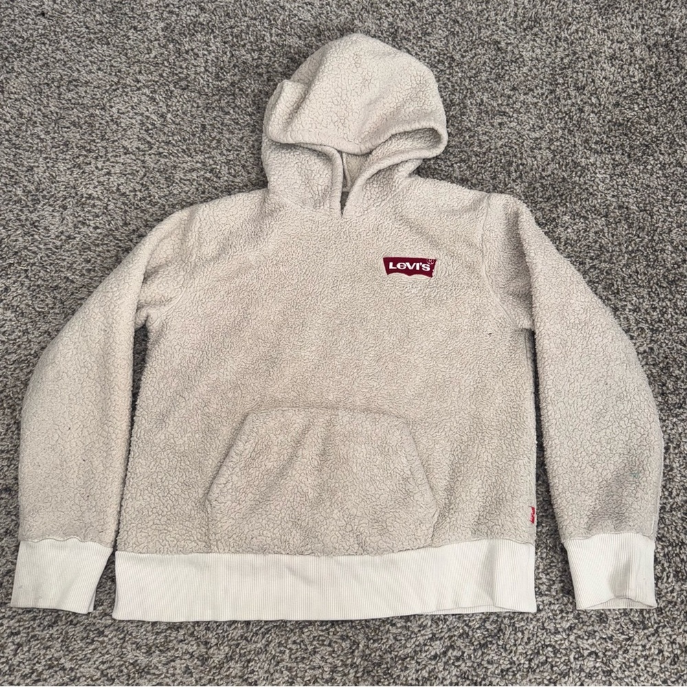 Levi's Cream Sherpa Hoodie with Red Logo Patch Kids Unisez